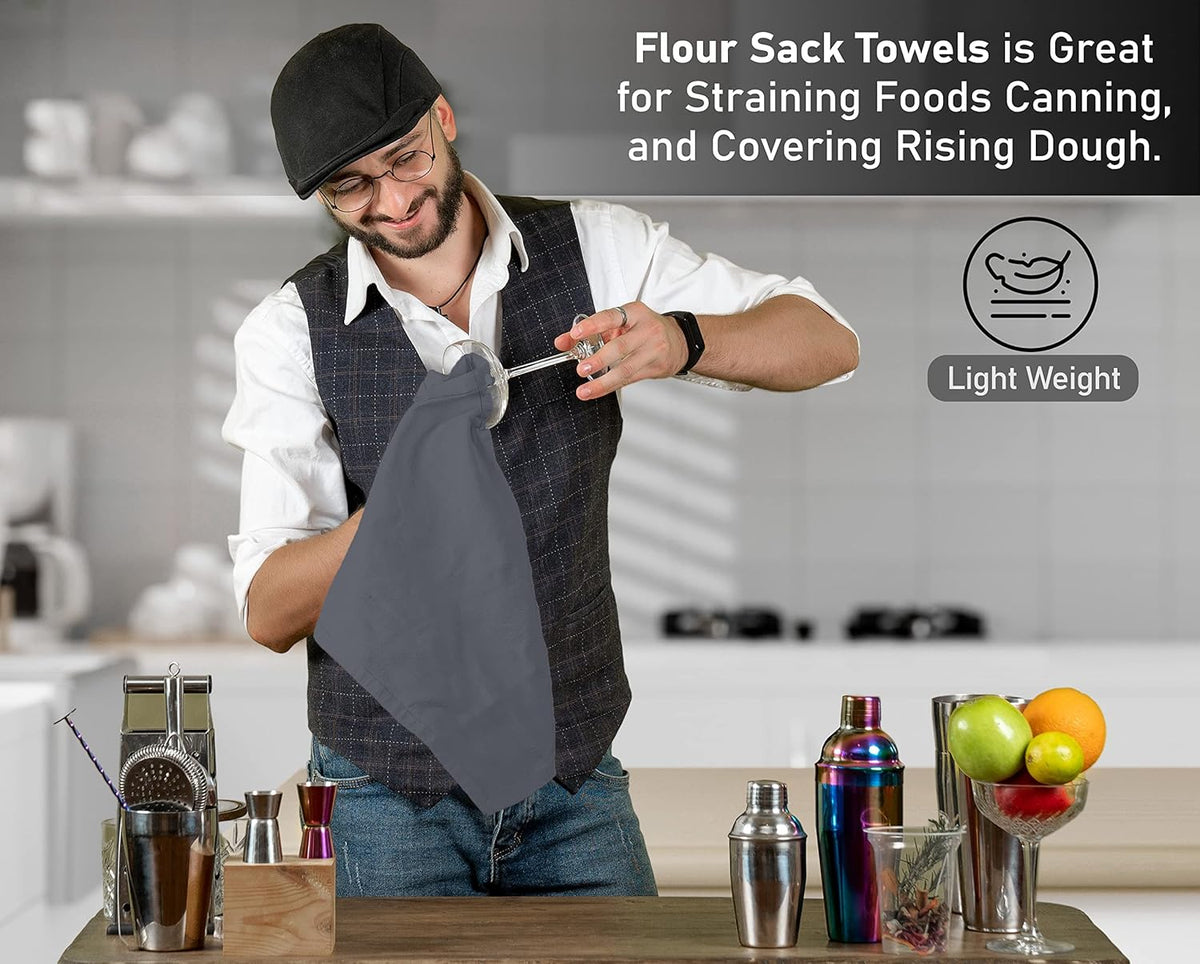 RUVANTI Flour Sack Towels 6 Pack 28x28 Inch, 100% Cotton Tea Towel, Reusable, Machine Washable, Absorbent BarTowels - Dish Cloth Perfect for Drying Dishes & Cleaning - Grey