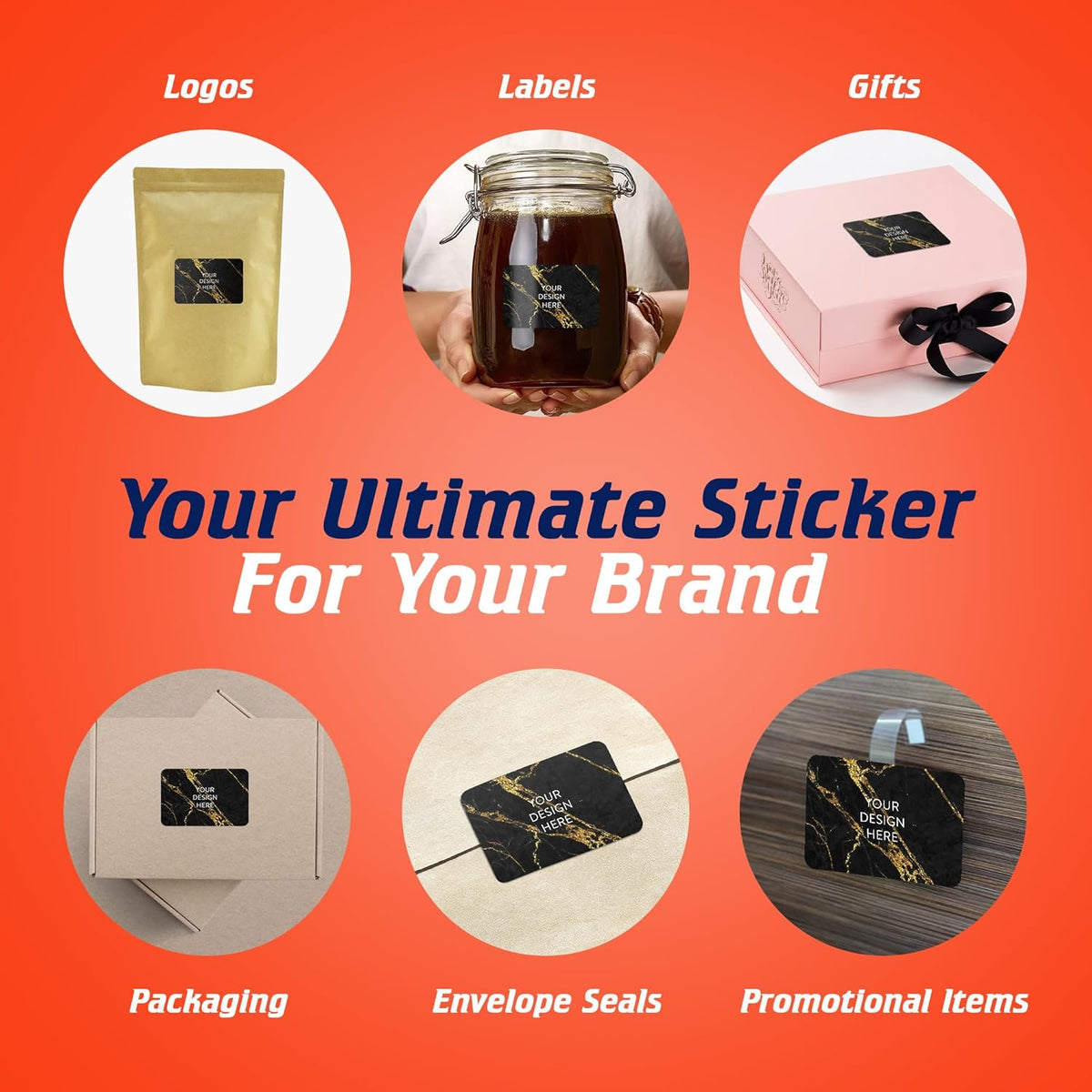100 Custom Vinyl Stickers - Upload Your own Image, Text, Design, Logo - Personalized Logo Labels for Handmade, Packaging, Bottle, Jars, Candle, Brand Stickers (Black Gold Marble, 5x3)