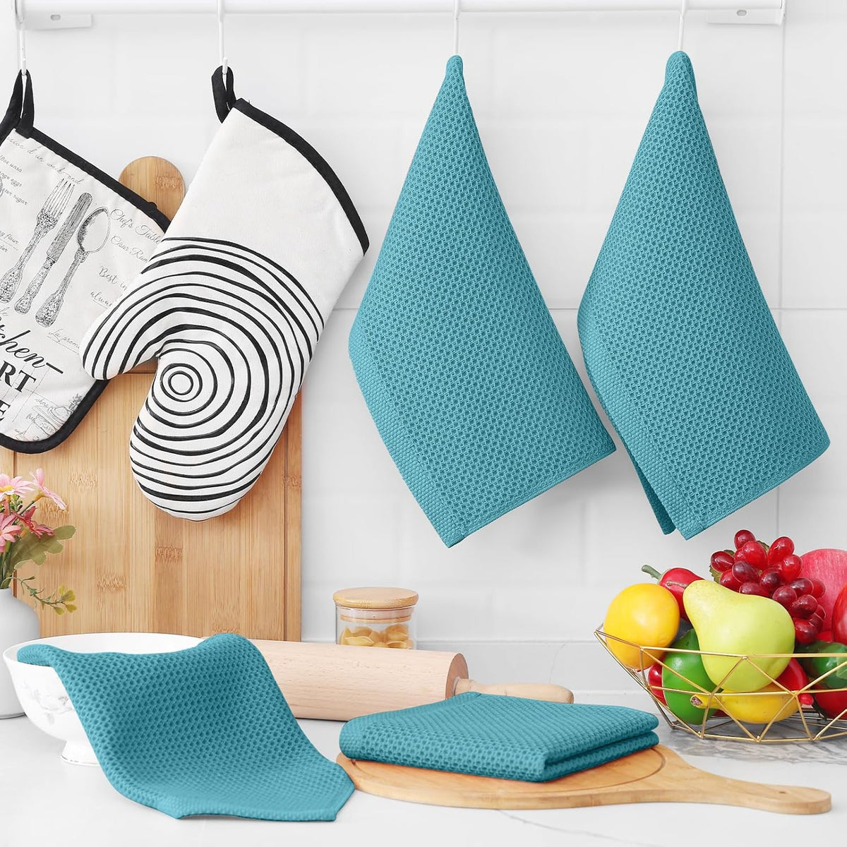 Homaxy 100% Cotton Waffle Weave Kitchen Dish Cloths, Ultra Soft Absorbent Quick Drying Dish Towels, 12 x 12 Inches, 12-Pack, Lake Blue