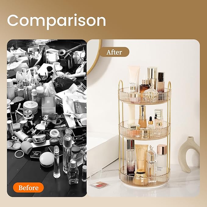 Aveniee Rotating Makeup Organizer for Vanity, 3 Tier Perfume Skincare Organizers and Storage for Bathroom Countertop, Clear Spinning Counter Shelf Cosmetic Holder for Dresser,Gold