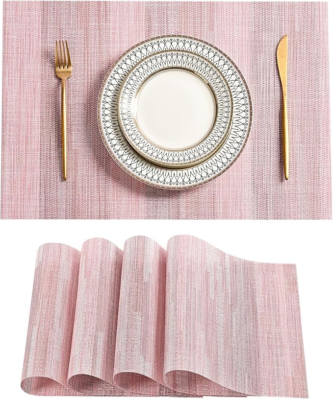 Leetaltree Misty Rose Placemats Set of 4 - Heat Resistant Non-Slip Place mats for Dining Table, Washable Durable PVC Vinyl Woven Table Mats（Misty Rose, 4）