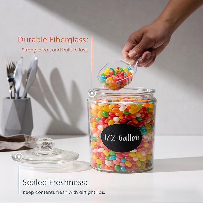 KooK Glass Storage Containers with Lids, 1/2 Gallon, Set of 2, Glass Kitchen Jars, Food & Cookie Storage Containers for Pantry, Bathroom Apothecary Canisters, Dishwasher Safe, Chalk, Label, Scoops