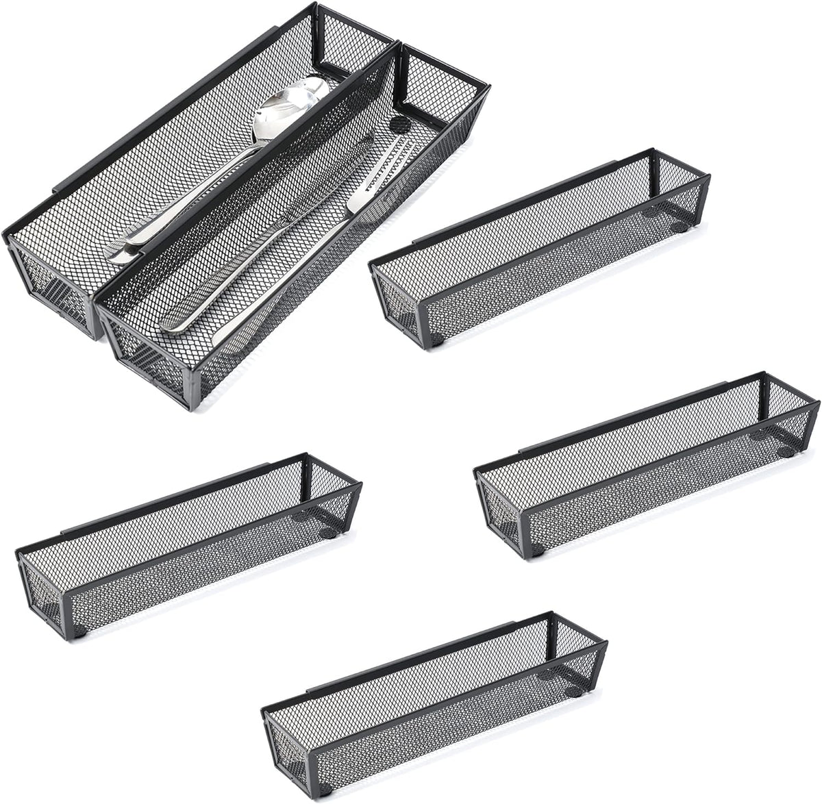 6 Pack Black Silverware Drawer Organizer Kitchen Drawer Utensil Cutlery Tray Office Supplies with Inter-locking Arm Drawer Dividers Organizer for Silverware, Flatware, Home,Office, School,Bedroom 12X3