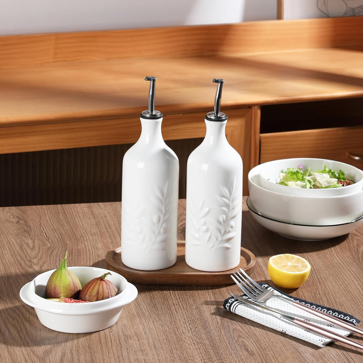 Sweejar Ceramic Olive Oil Dispenser Bottle, 20 Oz Relief Opaque Oil Cruet Protects To Reduce Oxidation, Suitable for Storage,Vinegar, Soy Sauce,Liquids,Set of 2 (White White)