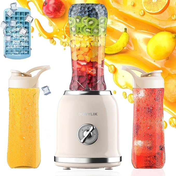Personal Retro Protein Drink Blender, 3 Speed Small Blender for Smoothies, Maker with 6-Edge Blade and 2 * 20oz BPA Free Travel Cups