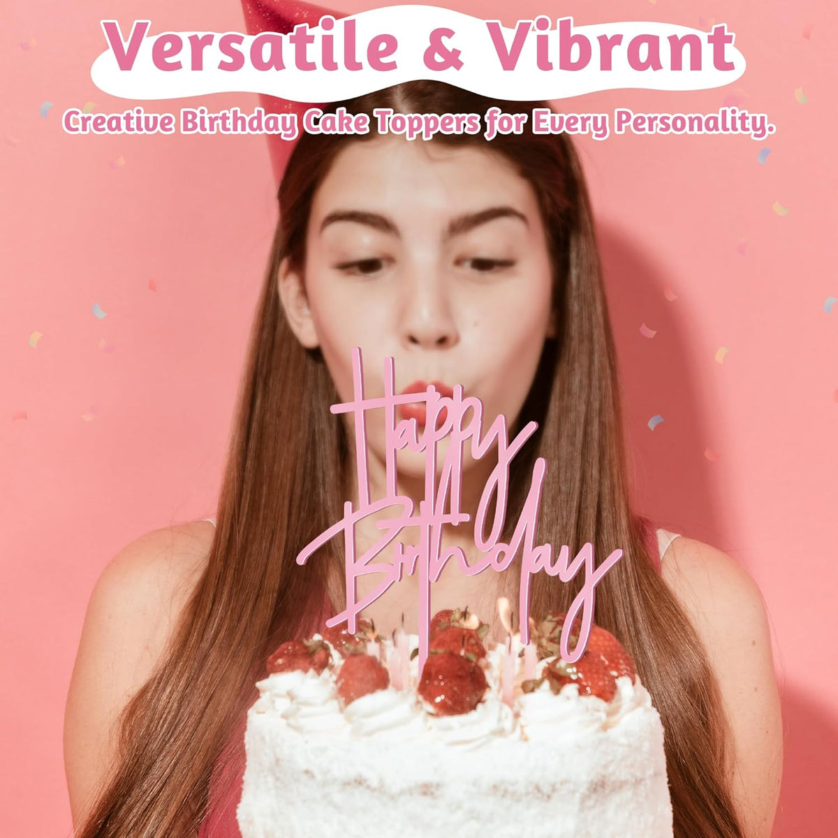 1PCS Pink Birthday Cake Topper, 5.3 x 7.2Inches Happy Birthday Cake Topper, Acrylic Happy Birthday Cake Sign for Children or Adults, Party Cake Desserts Decor and Photo Booth Props