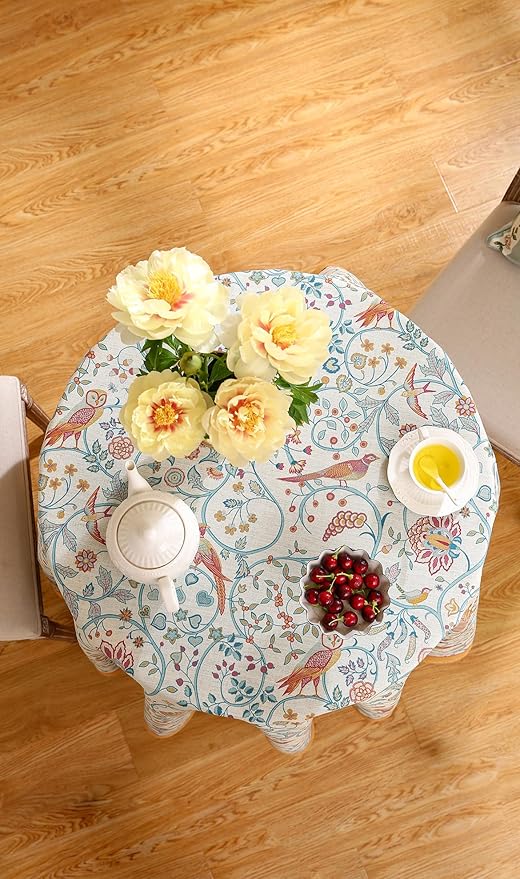 patdrea Designer Yellow French Round Tablecloth,Rustic Linen Floral Birds Table Cloth,Fall Decor Table Cover for Kitchen Dining Holiday Banquet,Christmas,Thanksgiving,Diameter 67"-Magnolia
