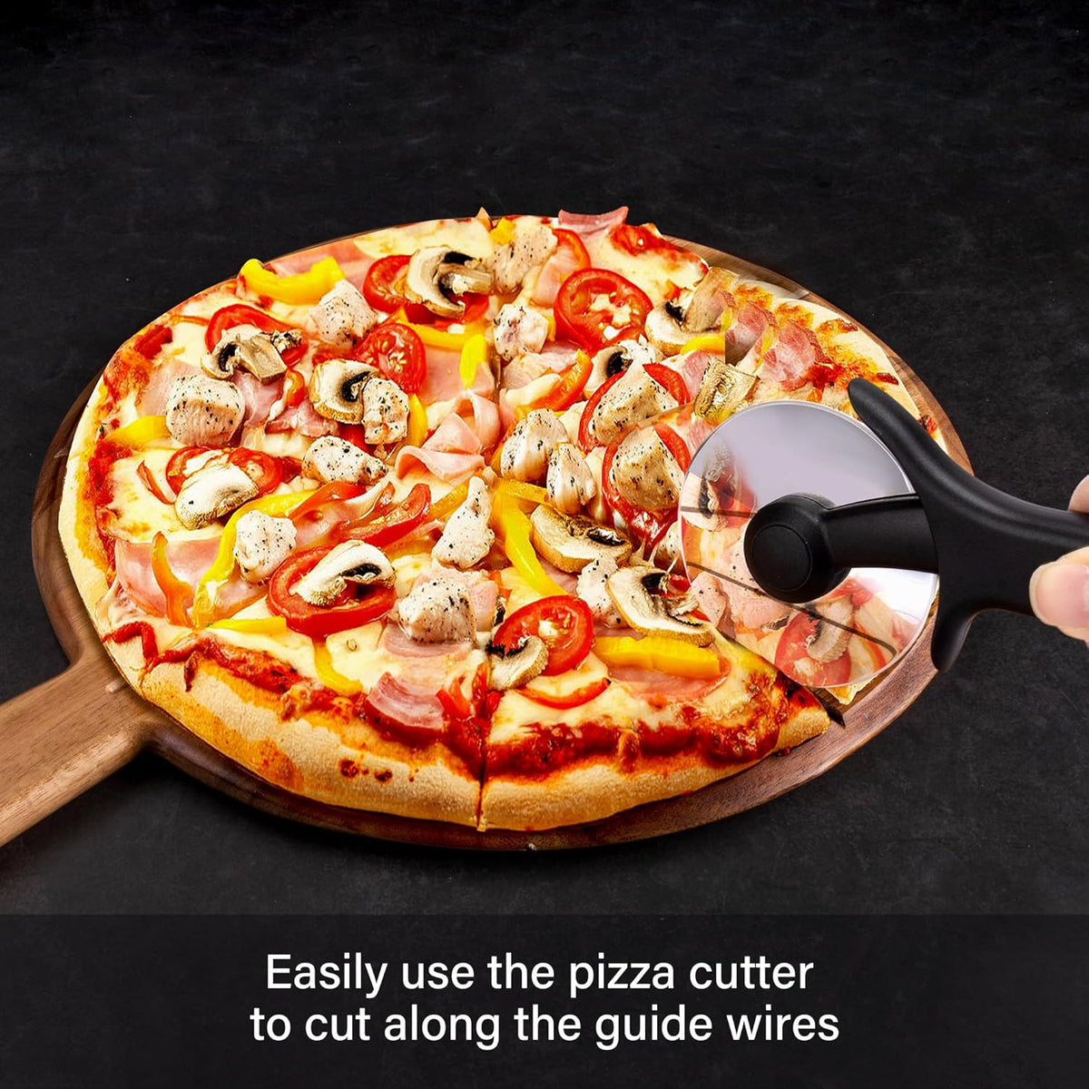 Acacia Wood Pizza Peel, 12 inch Pizza Cutting Board Set with Pizza Cutter and Server, Wooden Pizza Paddle Pizza Chopping Board with Handle for Homemade Pizza, Baking, Cutting Vegetable, Cheese