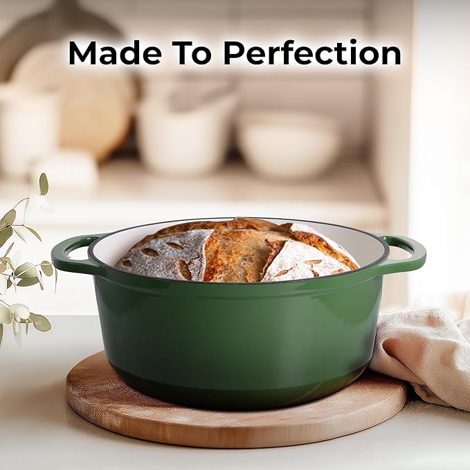 Zulay Kitchen 7.7 Quart Enameled Cast Iron Dutch Oven Pot with Lid – Premium Durability & Oven Safe up to 500°F – Heavy Duty Cookware Perfect for Bread Baking, Stews, Braising & Roasting – Green