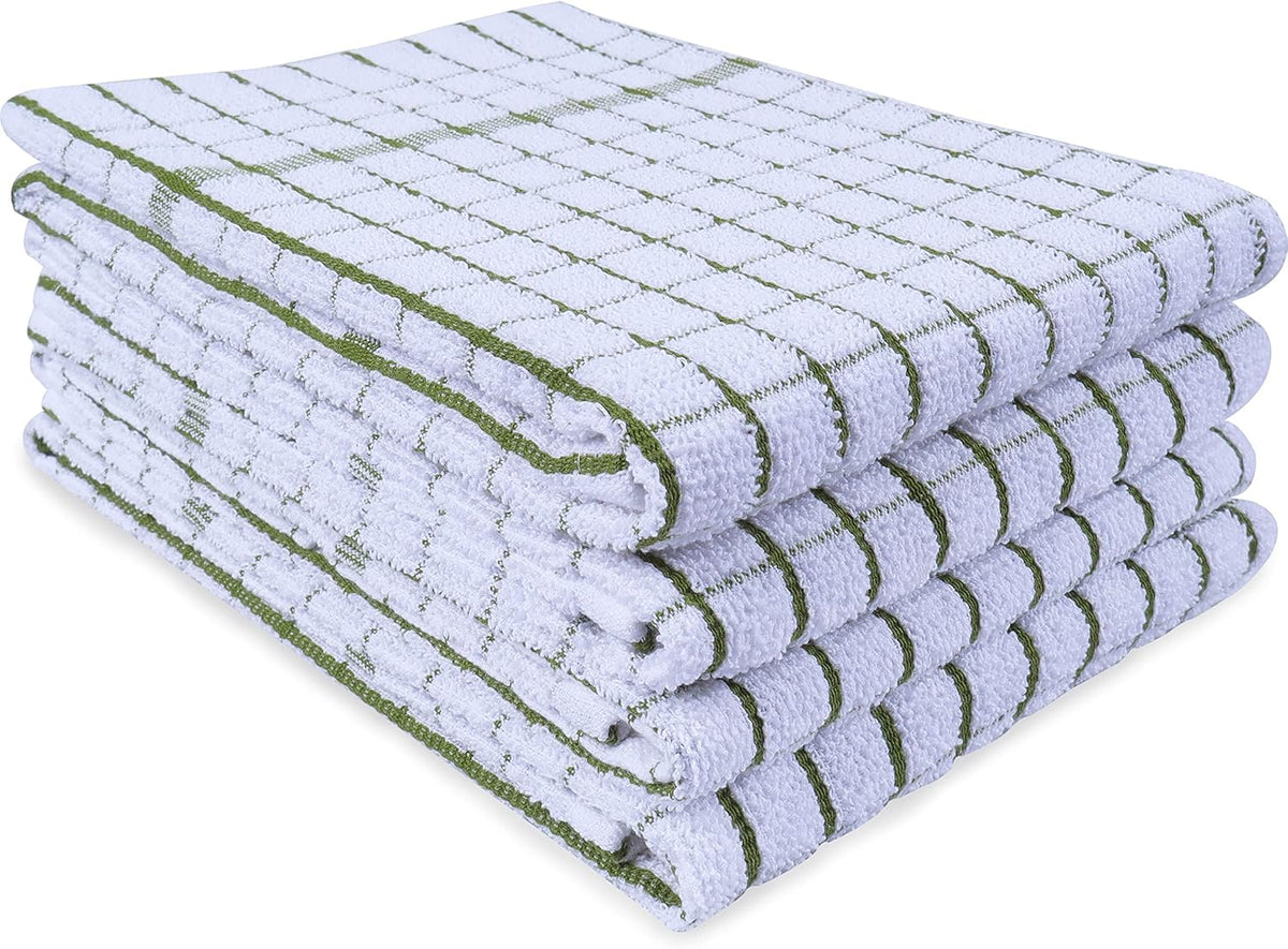 AMOUR INFINI Kitchen Towels Set of 4 - Highly Absorbent, Super Soft Terry Cotton 20x28 Inch Dish Towels with Hanging Loop - Hand & Tea Towels for Cleaning & Drying Dishes (Green)