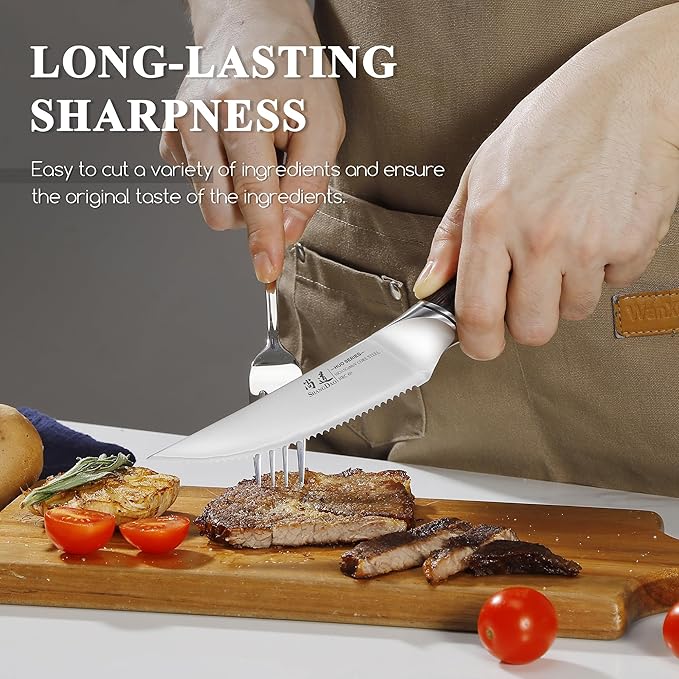 SHANGDAO Steak Knives Set of 6, Kitchen Steak Knife 4.5 Inch, 10Cr15CoMoV Core Steel High Carbon Stainless Steel Steak Knives, Serrated Steak Knife with Pakkawood Handle, Gift Box