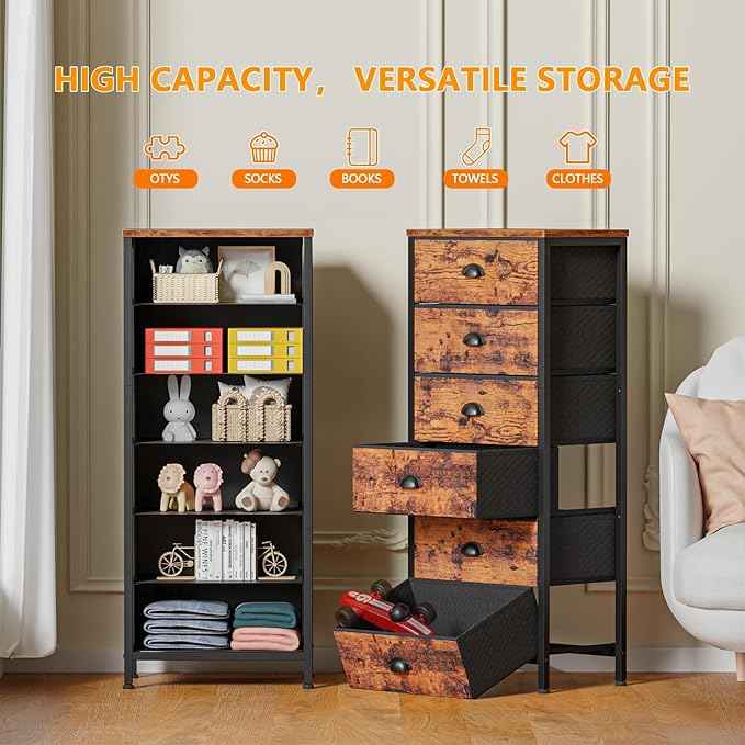 Furnulem Tall Dresser with 6 Drawers,Vertical End Table and Nightstand for Bedroom,Industrial Dorm Bedside Furniture with Fabric Storage Drawer Organizer in Living Room,Closet,Entryway(Rustic Brown)
