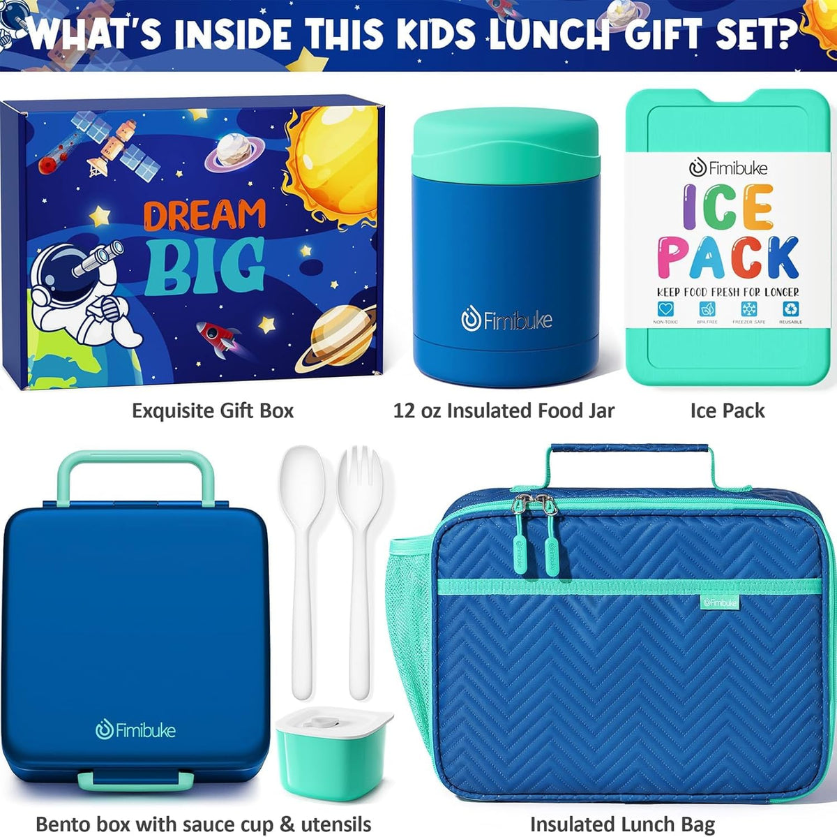 Fimibuke Kids Bento Snack Lunch Box with 4 Compartment, Insulated Bag, Stainless Steel Vacuum Thermos Food Jar, Ice Pack, Utensils Set, Birthday Gift for Age 3-12 Back to School Toddler Girl Boy Adult
