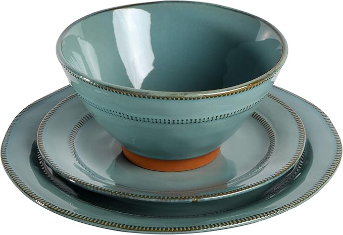 Gibson Elite Terranea Round Reactive Glaze Terra Cotta Dinnerware Set, Service for Four (12pcs), Teal