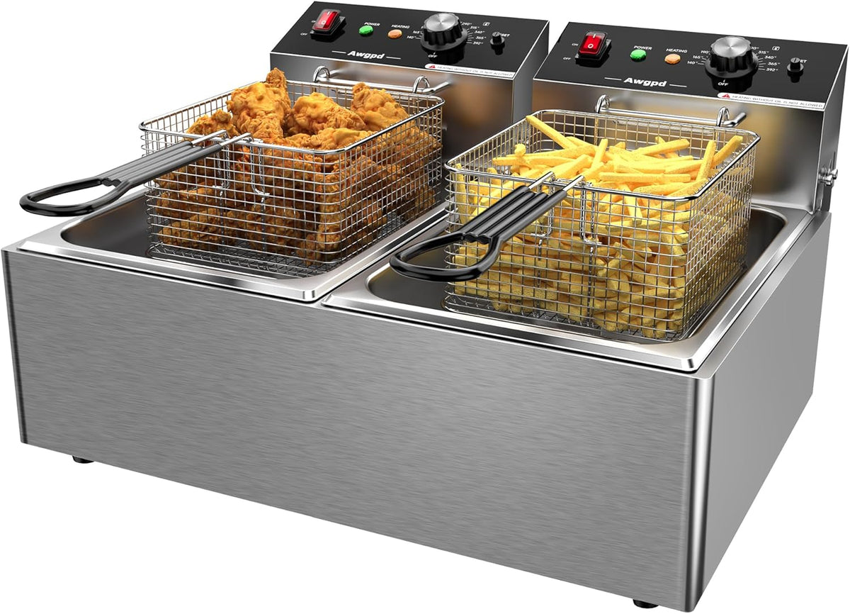 Commercial Deep Fryer with Baskets Stainless Steel Double Deep Fryer with 2 Baskets Capacity 10L X 2(21.3QT) Electric Countertop Fryer for Restaurant and Home Use, 110V 3400W