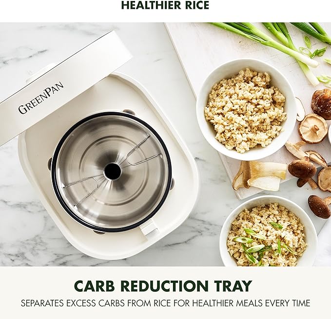 GreenPan Rice Cooker, 8 Cups Cooked (4 Uncooked), Low-Carb & Soup Mode,10 ONE-TOUCH Cooking Presets, PFAS-Free Ceramic Steamer Basket, Fuzzy Logic, Auto Keep Warm, Oats, 24HR Delay Timer, Cream