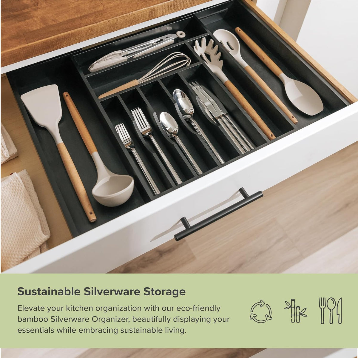 KitchenEdge Premium Silverware, Flatware and Utensil Organizer for Kitchen Drawers, Food-Safe Contract Grade, Expandable from 14.5 to 25 In, Black Bamboo