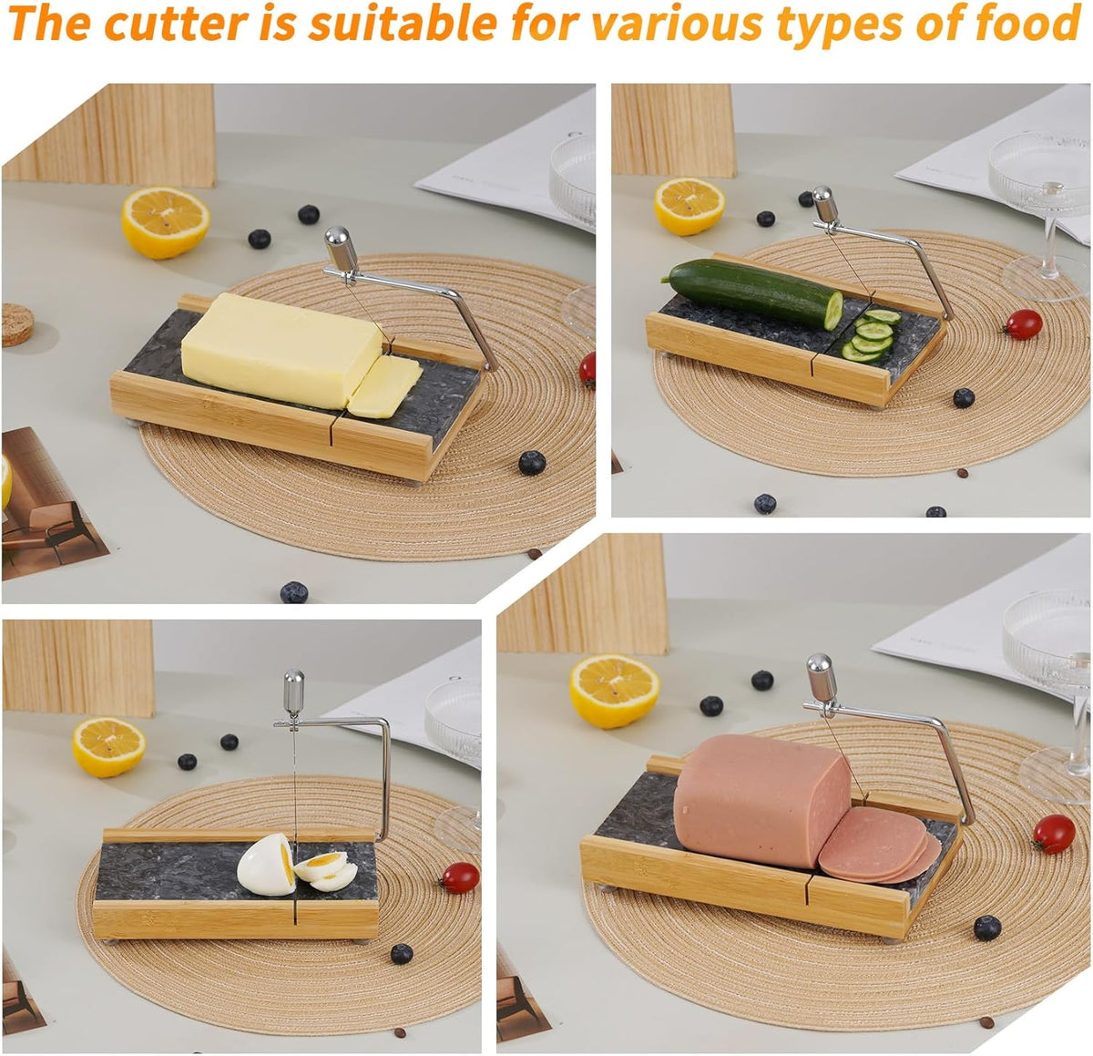 Tianman Cheese Slicer Cheese Cutter with 4 Replacement Cutting Wire,Heavy Duty 8.27"x 4.4",Marble Board Cheese Slicer for Block Cheeses, Butter,Cakes and More(Black Grey)