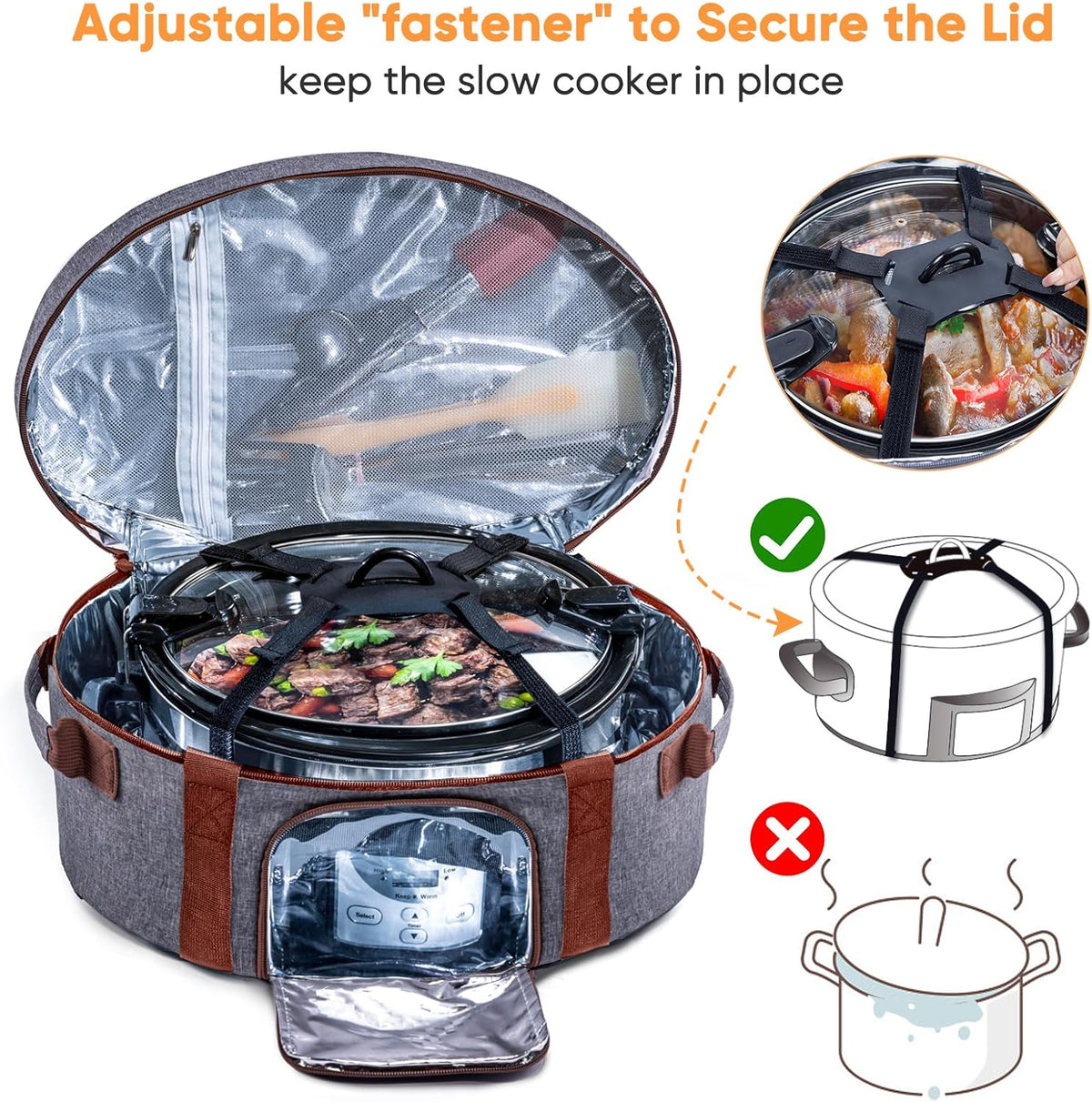 Insulated Slow Cooker Carrying Bag for 6-8 Quart CrockPot and Hamilton Beach Slow Cooker with See-thought Window, Portable Carrier Case with Adjustable Band and Accessory Pocket