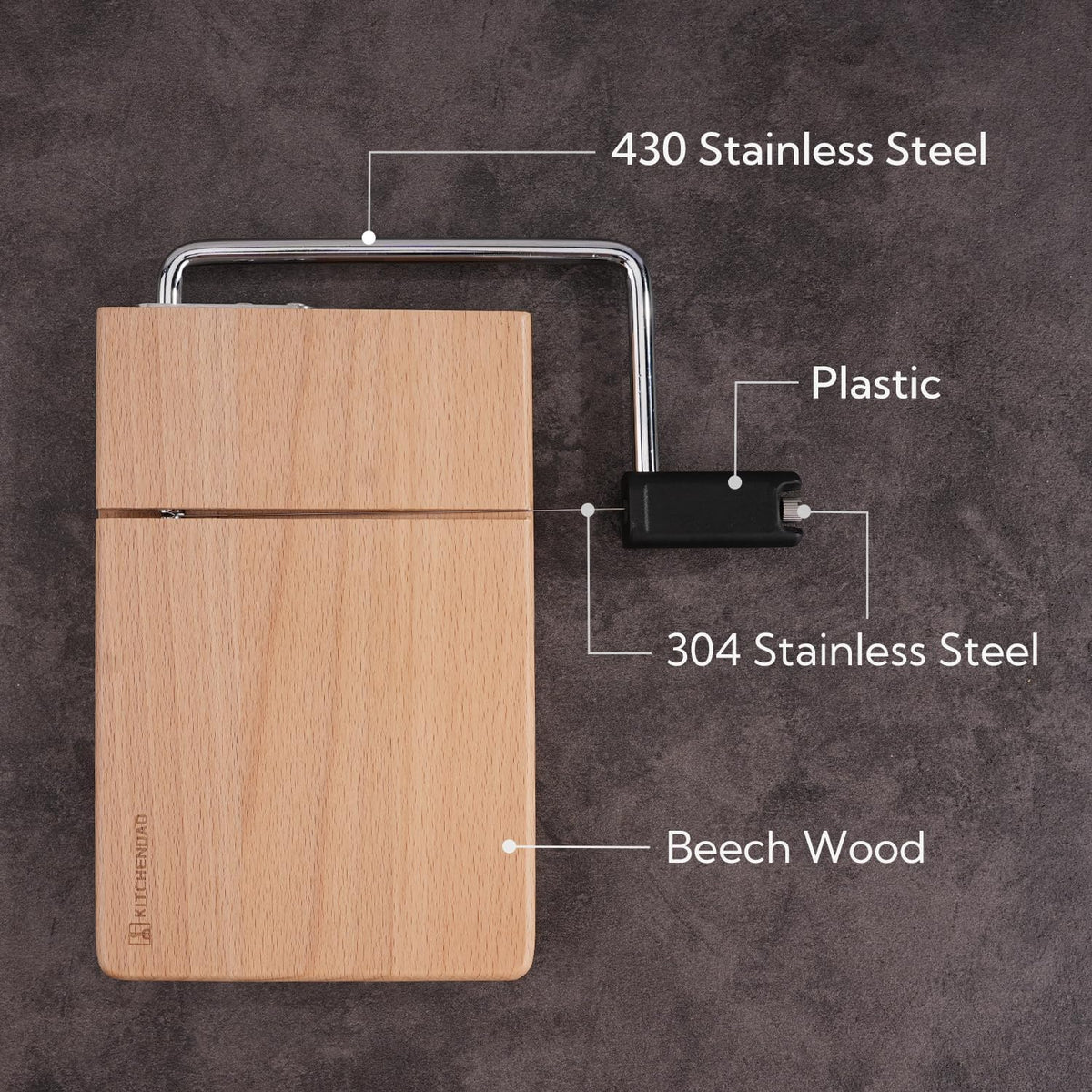 KITCHENDAO Replaceable Wire Cheese Slicer with Board, Tightness Adjustable Cheese Slicer, Beech Wood Cheese Cutter for Block Cheese, Easy to Replace, with 2 Extra Upgrade Strong Wires