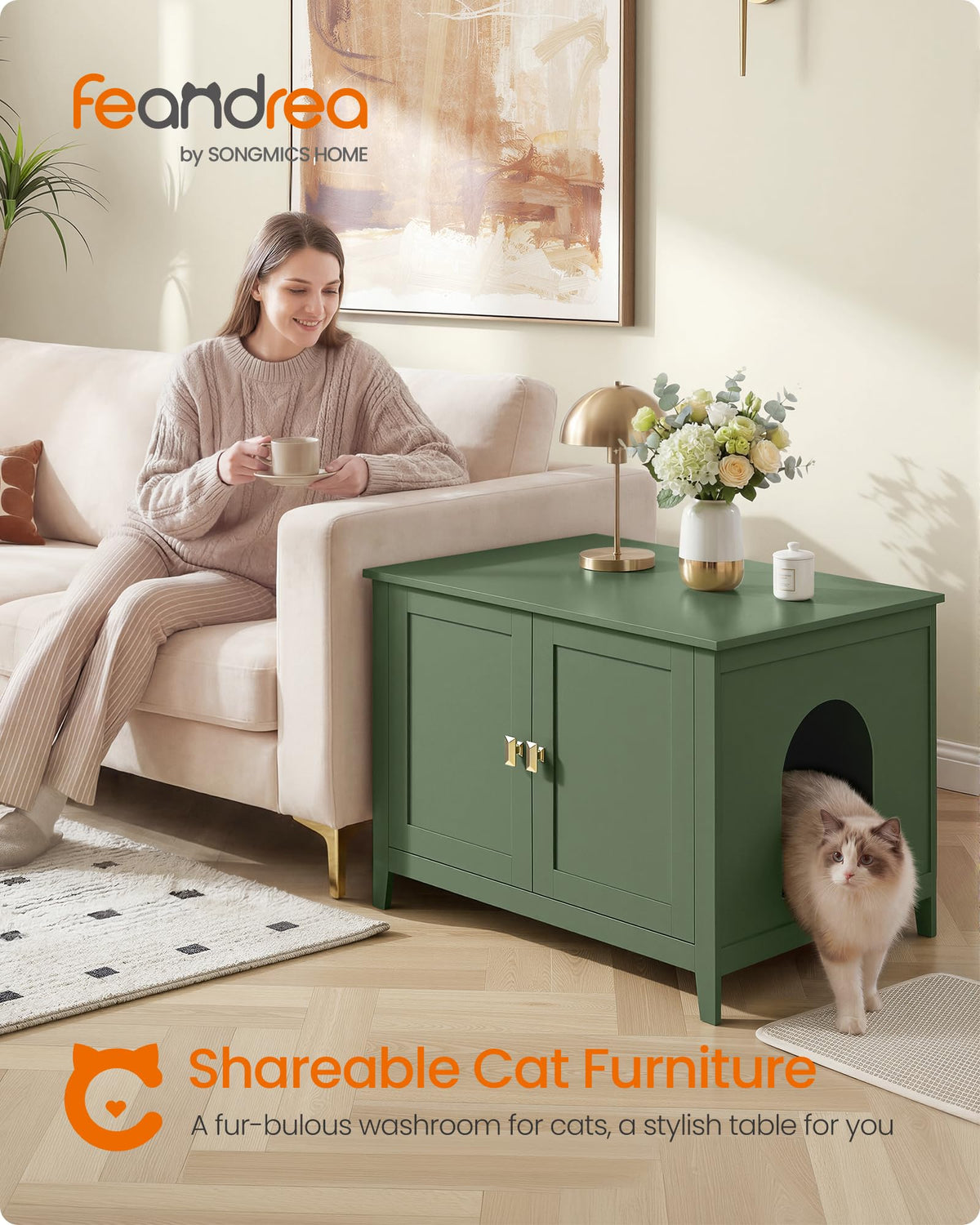 Feandrea Cat Litter Box Enclosure, Double Doors, Handles