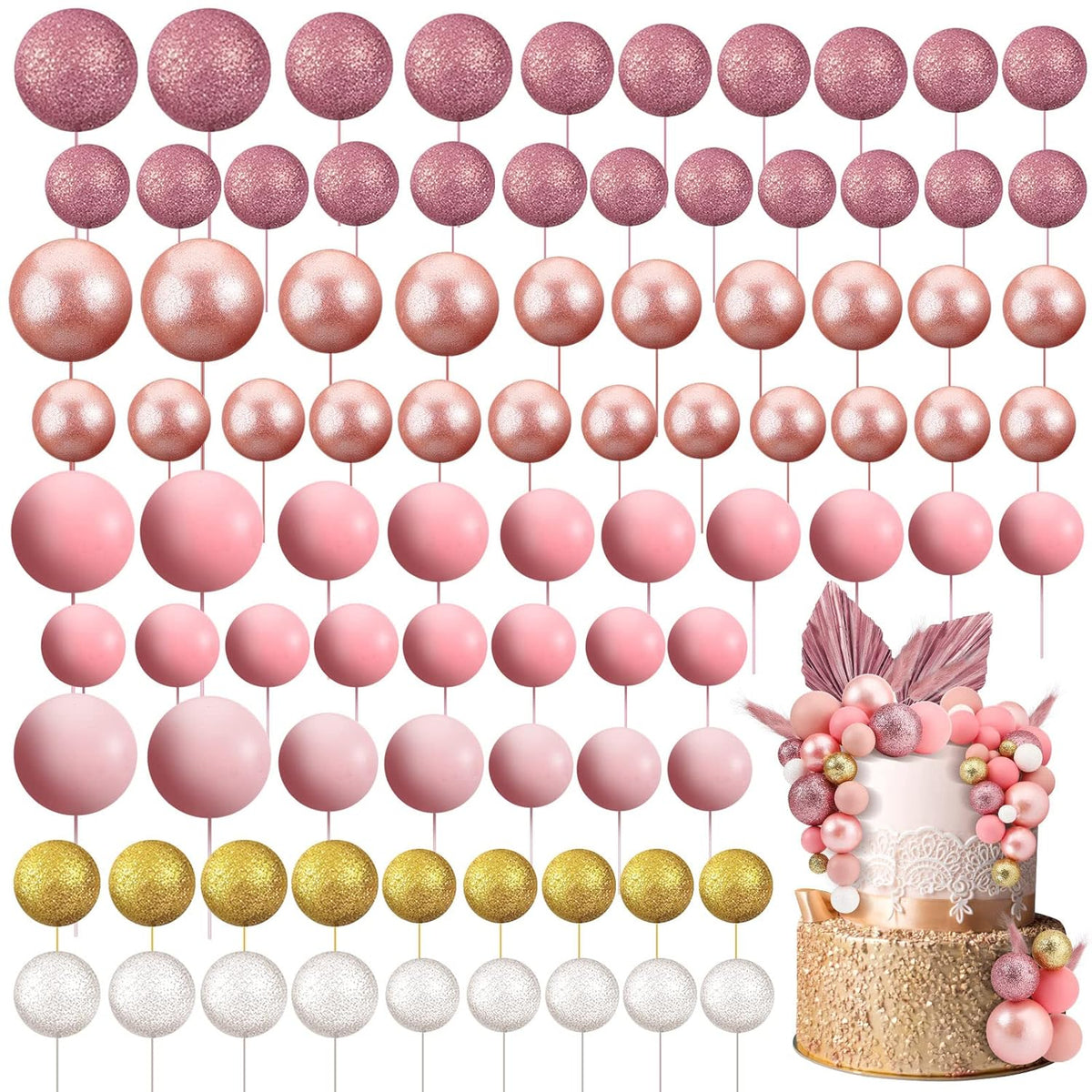108 Pcs Balls Cake Topper DIY Cupcake Insert Foam Balloons for Cake Baking Wedding Anniversary Birthday Decoration(Assorted Pink, White, Gold,Multi Sizes)