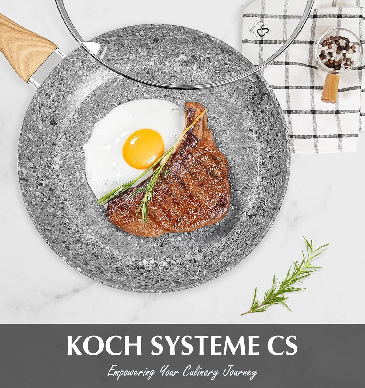 KOCH SYSTEME CS Nonstick Frying Pan with Lid, 12 Inch Grey Granite Frying Pan with Non-toxic Nonstick Coating, Aluminum Skillet with Heat-resistant Bakelite Handle, Induction Compatible, Oven Safe