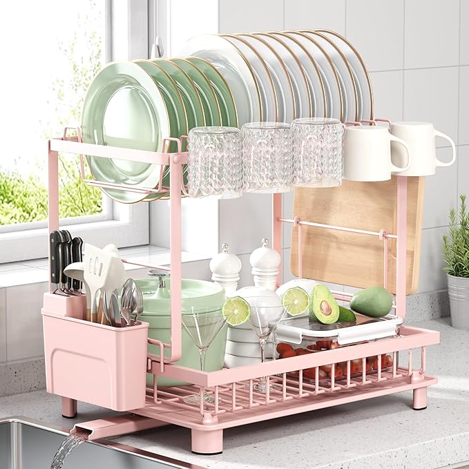 Multifunctional Dish Drying Rack - Rustproof, 2-Tier Dish Racks with Drainboard, Space-Saving Design, Utensil & Cup Holder for Kitchen Counter, Pink