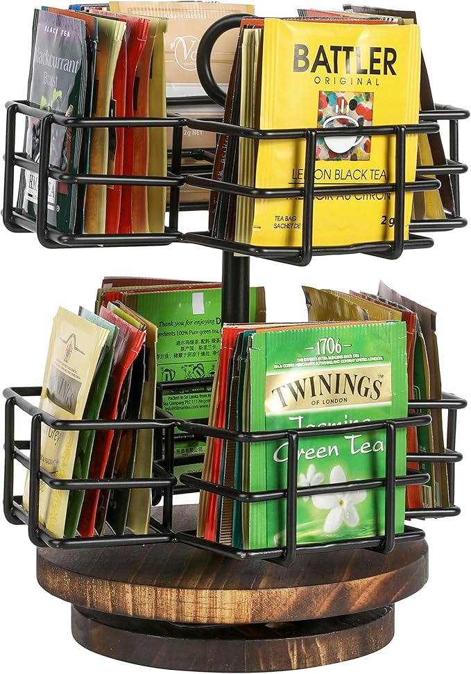 MyGift 8 Compartment Tea Bag Organizer Carousel, Black Metal Wire Packet Holder and 360 Degree Spinning Burnt Solid Wood Base, Coffee Station Storage Caddy