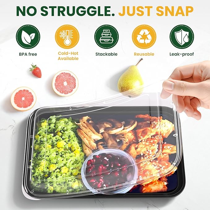 28oz Meal Prep Containers [50-Pack], Reusable Bento Box with Easy-Snap Leakproof Lids - Microwave, Dishwasher & Freezer Safe Food Storage, BPA-Free Plastic Lunch Containers (Black)