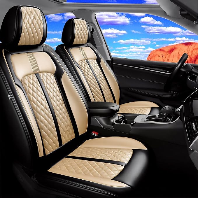 Fit Ridgeline Car Seat Covers for Select Honda Ridgeline 2007-2026 - Premium Full Coverage Leather, Airbag Compatible, Waterproof & All Weather Seat Cushion Protector, Full Set, Black+Beige