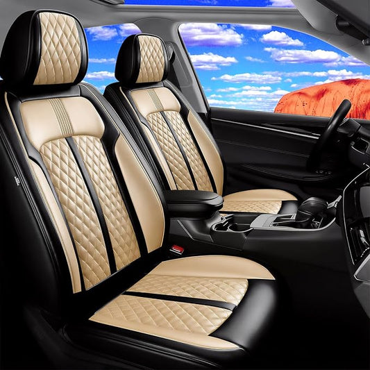 Fit Ridgeline Car Seat Covers for Select Honda Ridgeline 2007-2026 - Premium Full Coverage Leather, Airbag Compatible, Waterproof & All Weather Seat Cushion Protector, Full Set, Black+Beige