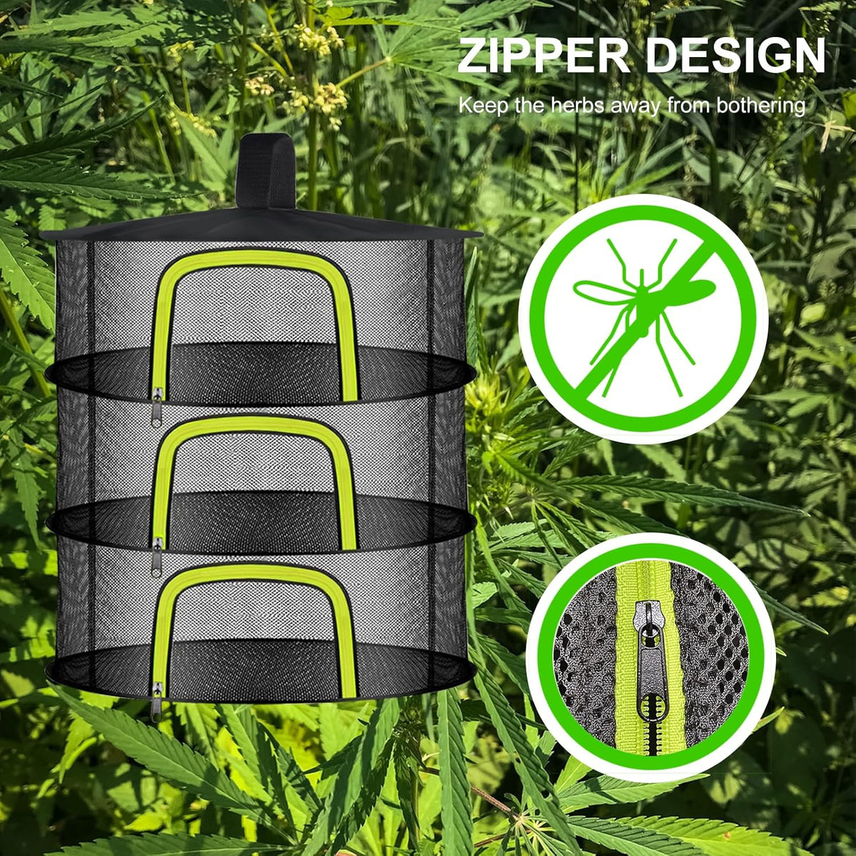 3 Layer Herb Drying Rack, Herb Drying Rack Hanging Mesh, Foldable Bud Drying Net with U-Shaped Zipper, Hooks, for Drying Herbs Plants, Flowers, Fruits, Food, Camping (3 Layers-23.62'')