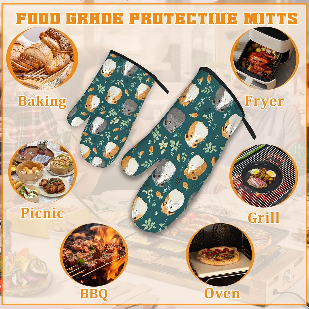 Cute Guinea Pig Oven Mitts and Pot Holders,Heat Resistant Oven Mitts Gloves and Pot Holder for Home Kitchen Decorations Cooking Baking BBQ Gifts,Set of 4