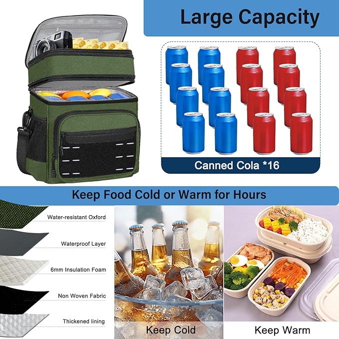 Lunch Box Cooler Bag - Insulated Tactical Lunchbox for Men - Large Lunch Pail for Adults Work Outdoor Shifts Trips Army Green 16L