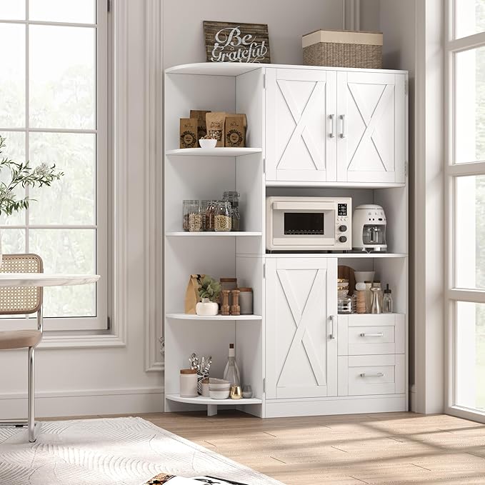 HOSTACK 60.4" Farmhouse Kitchen Pantry Storage Cabinet, Freestanding Hutch with Doors & Shelves, Buffet Sideboard with Microwave Stand, Coffee Bar with Drawers, Cupboard for Dining Room, White