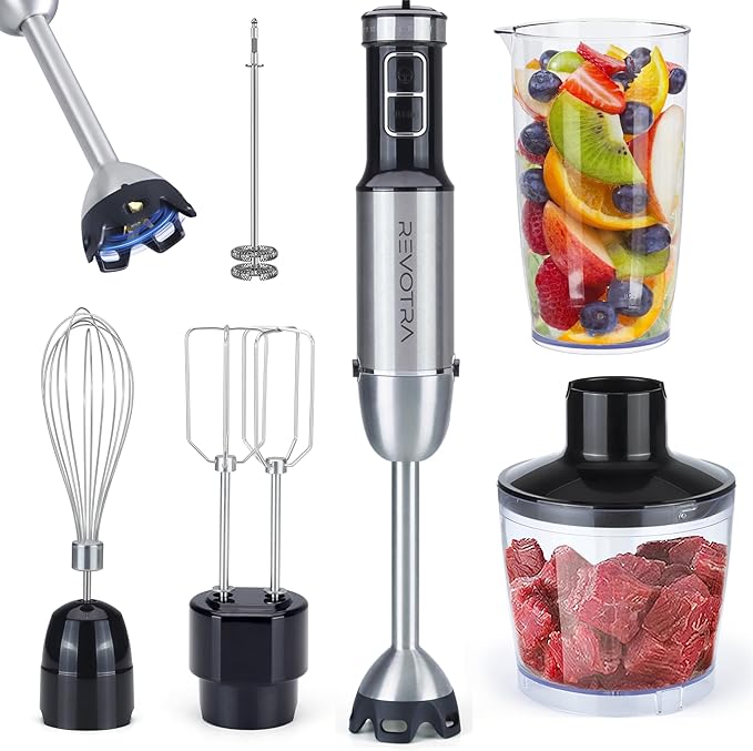REVOTRA Immersion Blender Handheld, 6 in 1 Hand Blender, 12 Speed Stainless Steel Immersion Blender, Whisk, Chopper, Beaker, Beaters, Milk Frother