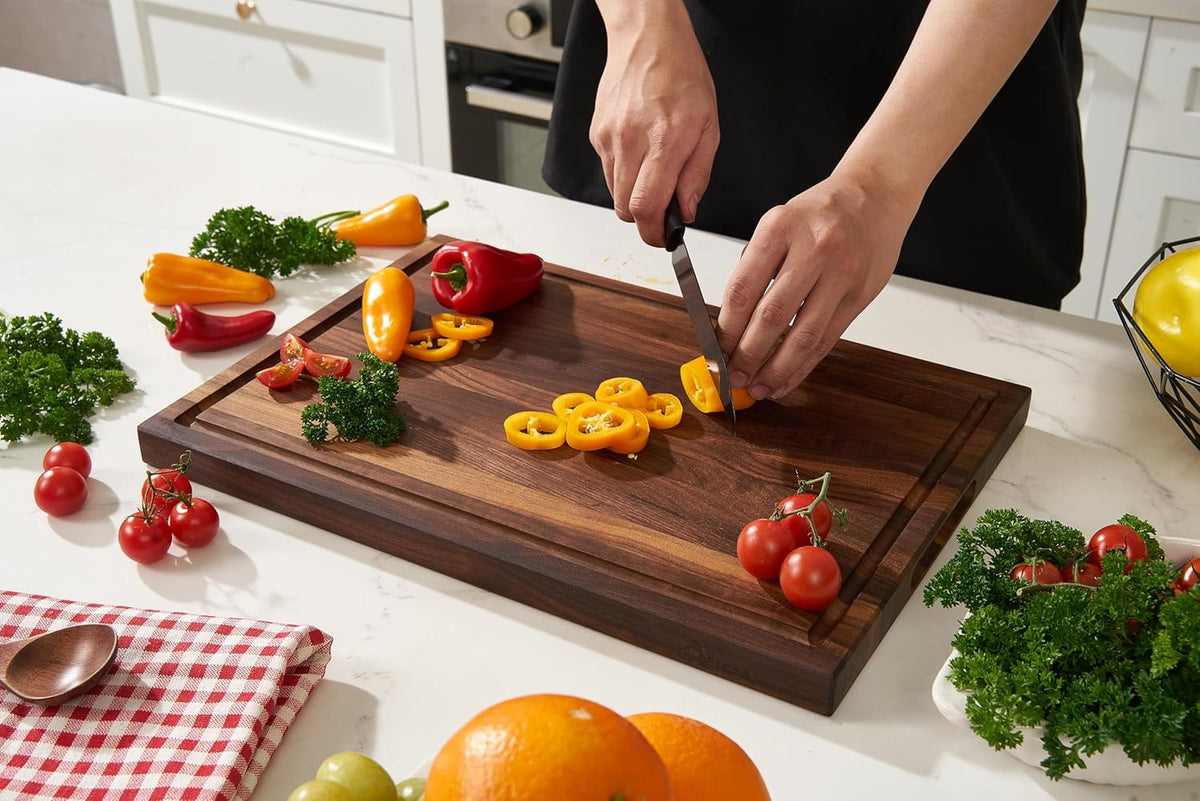American Dark Walnut Wood Cutting Board 17x12 x1in for Kitchen with Juice Groove, Inner Handles, Gift Box, Thick Wooden Cutting Board Finished with Linseed Oil, Beeswax, Carnauba Wax, Lemon Oil