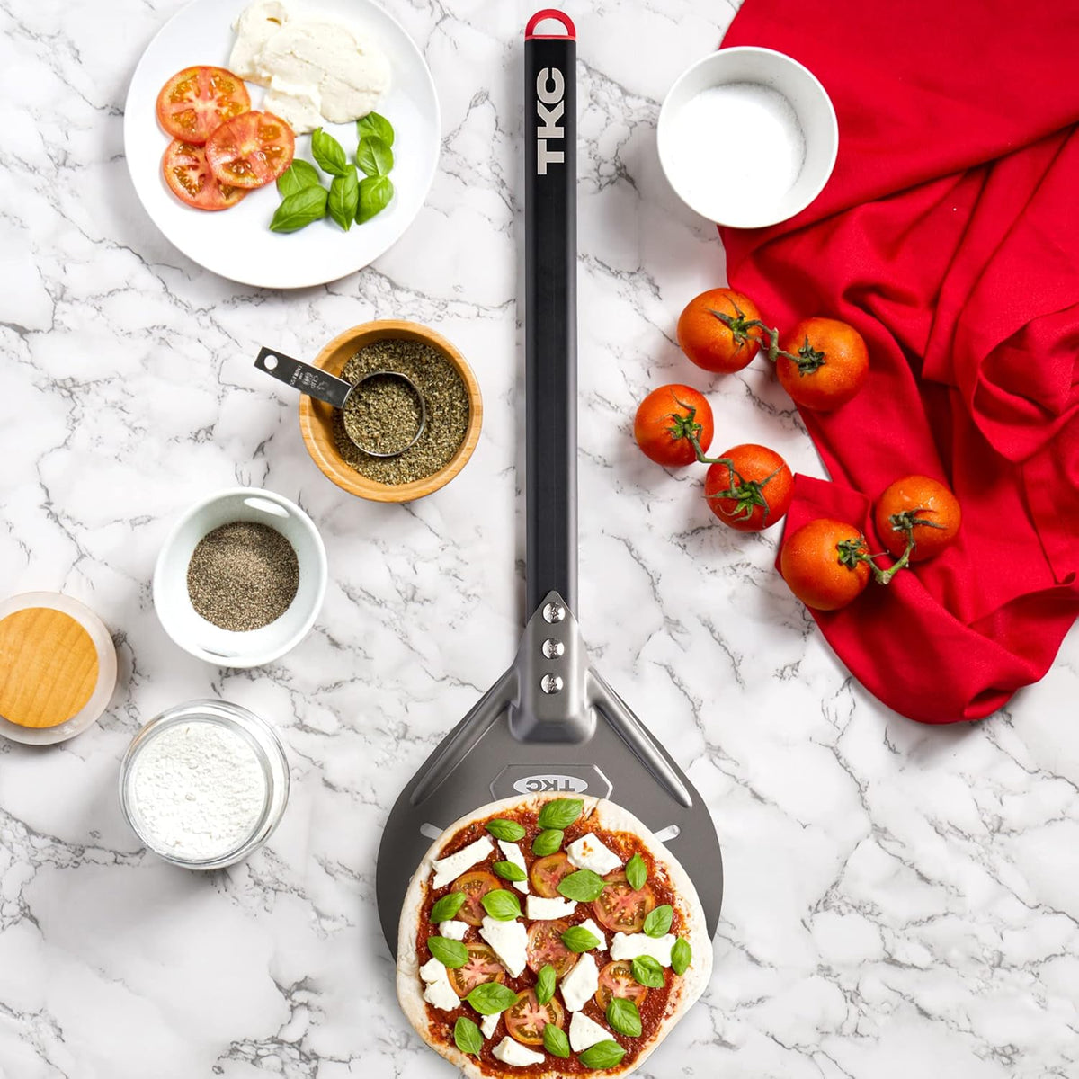 TKC 8" Perforated Pizza Peel - Professional Aluminum Pizza Turning peel - Long Handle Metal Pizza Spatula for Indoor and Outdoor - Lightweight Non-Stick Pizza Turner - Pizza Oven Accessories