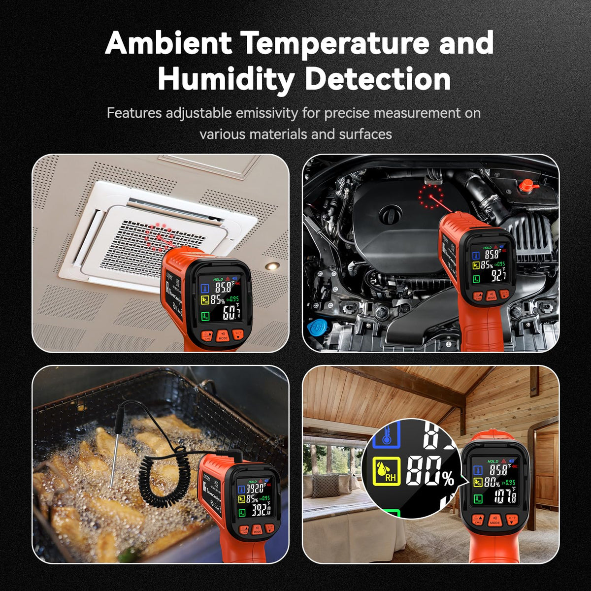 Infrared Thermometer Temperature Gun -58°F to 1796°, 16:1 Non Contact Laser Thermometer Gun with Thermocouple Probe for Humidity, Pizza Oven, Griddle, Ir Temp Gun for Home and Industry Repair