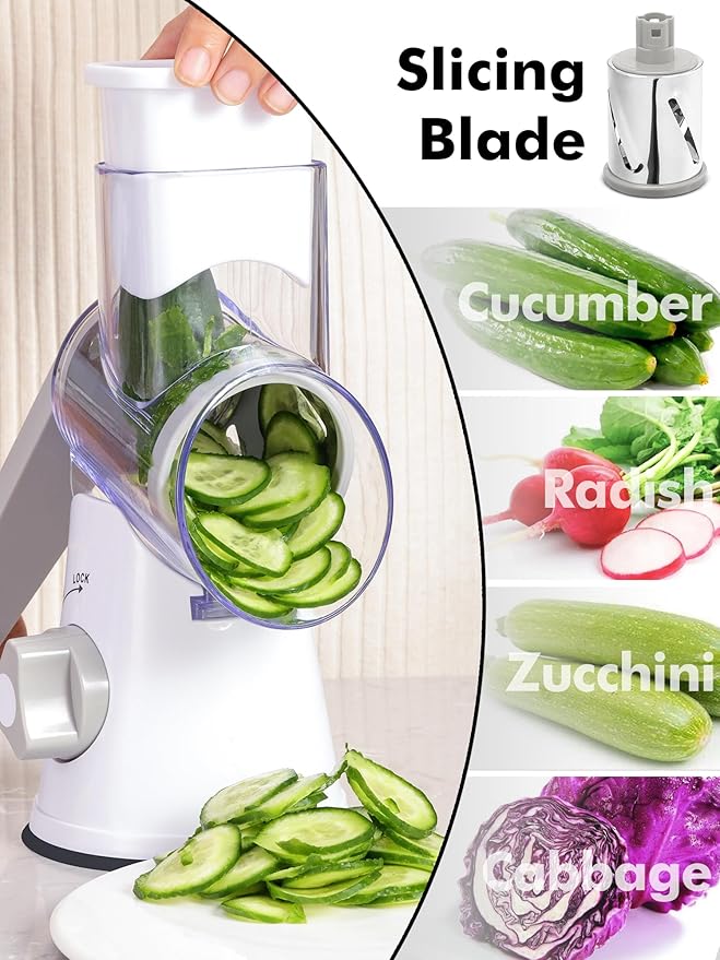 Rotary Cheese Grater with Handle - 3 in 1 Cheese Shredder Rotary Grater Stainless Steel Handheld, Vegetable Slicer for Fruit, Cheese, Nuts(White)