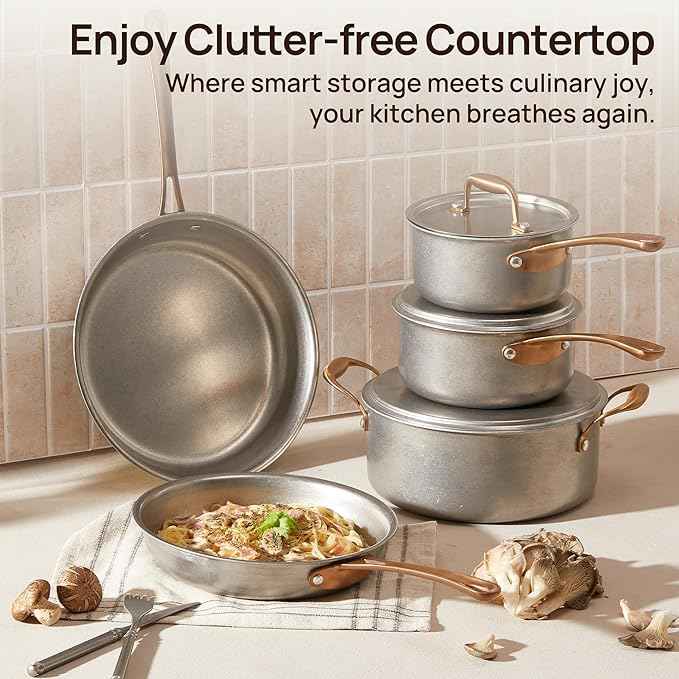 KOKHUB Pots and Pans Set 8 Pcs, Vintage Stainless Steel Cookware Set Non-Toxic, PFOA/PFOS/PTFE Free, Kitchen Cooking Set with Frying Pans, Saucepans, Oven & Dishwasher Safe, Induction Compatible