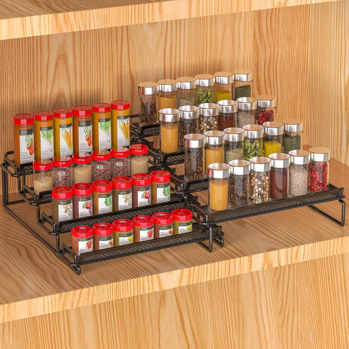 4 Tier Adjustable Spice Rack Organizer for Cabinet - Black (2 Pack) | Expandable Spice Shelf with Protection Railing for Inside Cabinets, Countertop, Pantry Storage & Seasoning Organization
