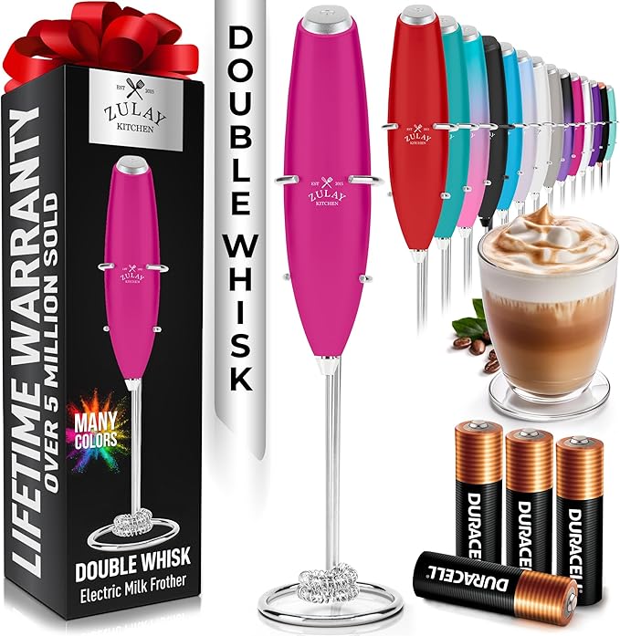 Zulay Kitchen Whisk Milk Frother with 4 Duracell Batteries - Powerful Handheld Foam Maker for Coffee, Lattes, Matcha, Hot Chocolate & Cappuccinos - Whip Creamy Froth in Seconds