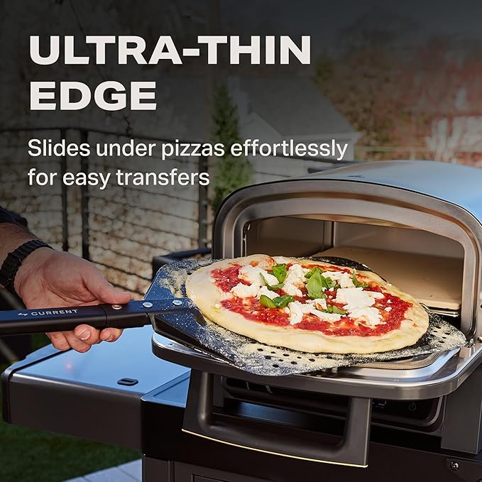 CURRENT® Perforated Pizza Peel, Lightweight Aluminum Pizza Paddle Turner with Heat-Resistant Handle, Ultra-Thin Edge for Easy Transfers, Minimizes Sticking, Ideal for Outdoor Pizza Ovens
