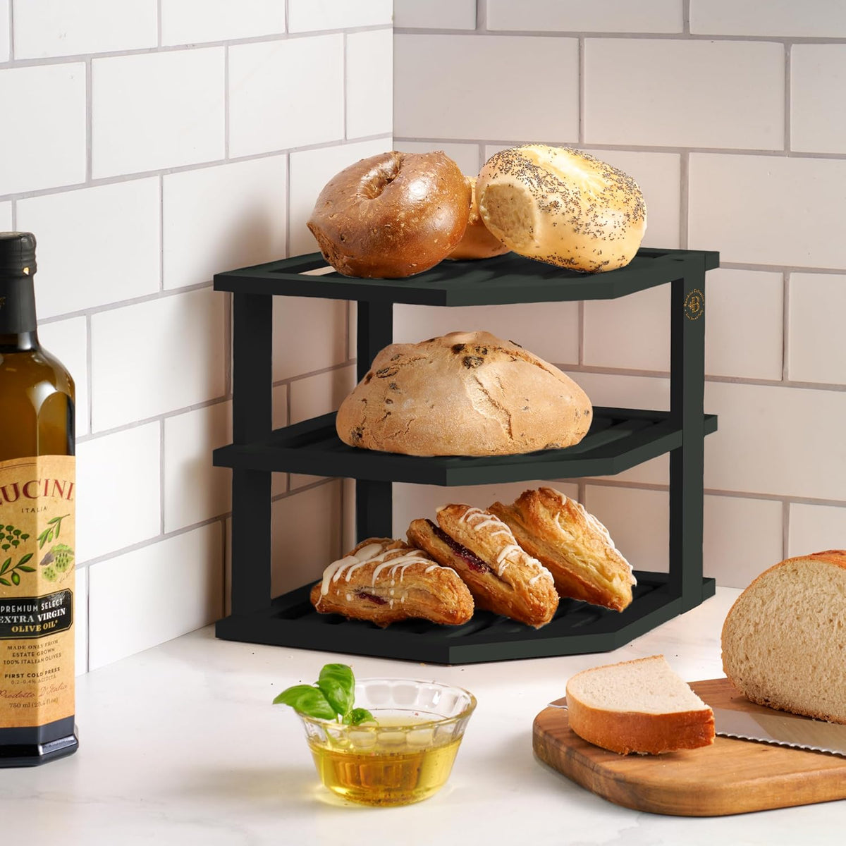 Cabinet Organizer Shelf - Bamboo Corner Rack for Kitchen Counter, Cabinet Space Saver for Plates, Dishes, Bowls, Bread Pantry, Bathroom Storage or Countertop Stand, Black