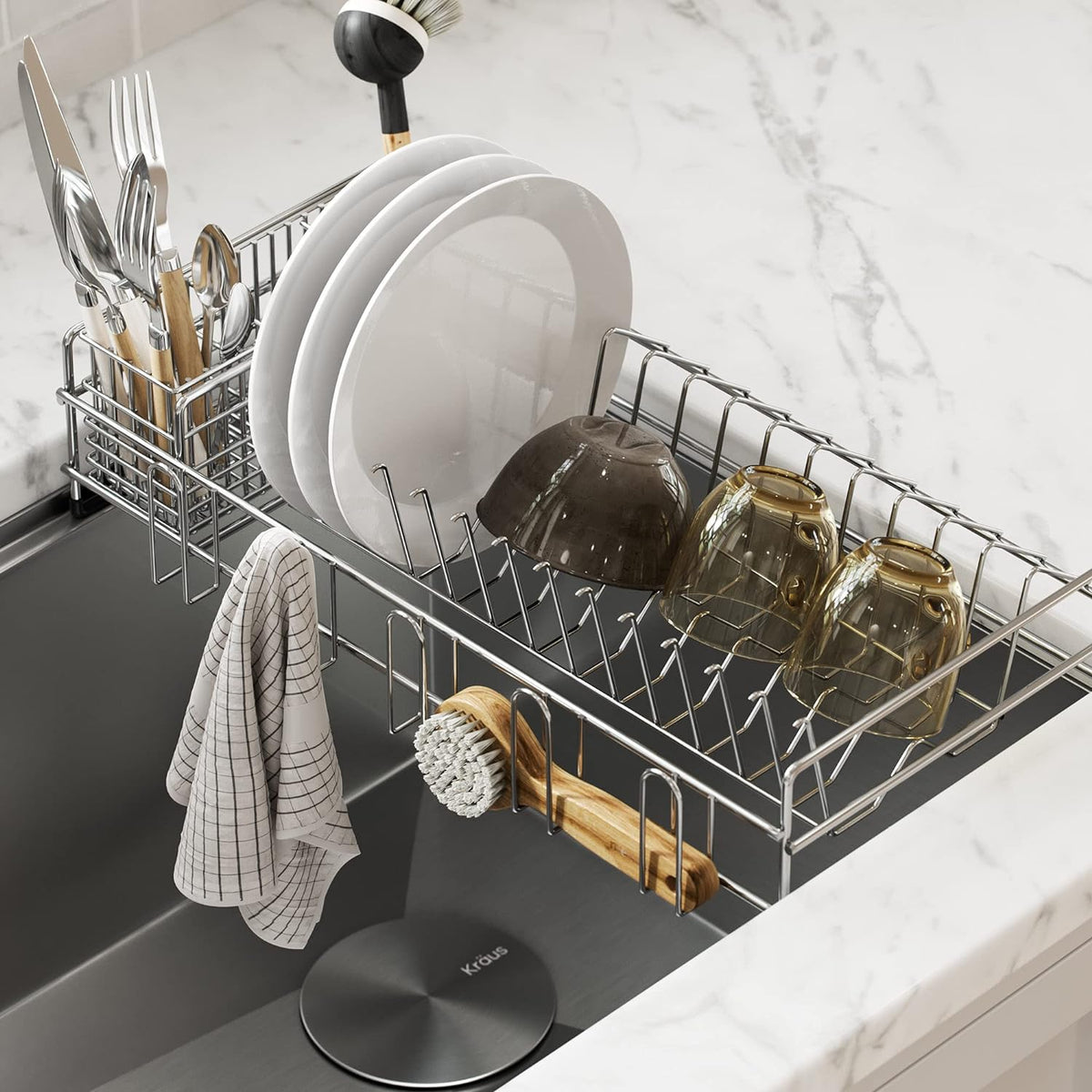 Kraus Workstation Kitchen Sink Dish Drying Rack Drainer and Utensil Holder, 17" L x 9" W, Stainless Steel, KDR-3