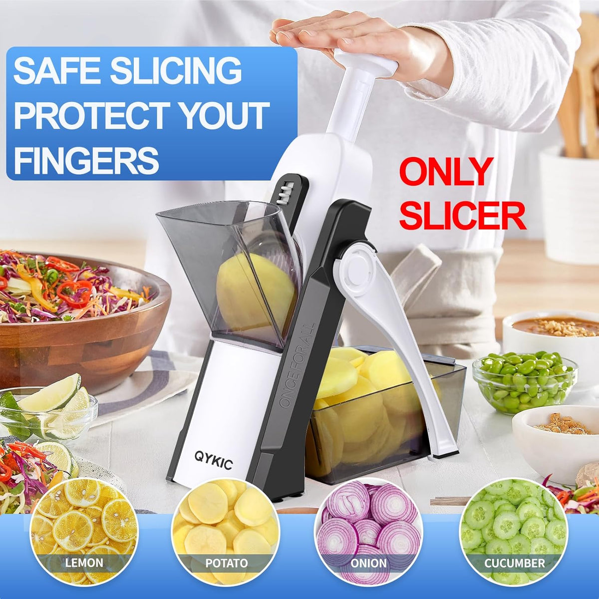 Safe Mandoline Slicer, Potato Clips Vegetable Food Cutter, Thickness Adjustable for Cucumber Onion Lemon with Vegetable Peeler (Only Slicer) Grey