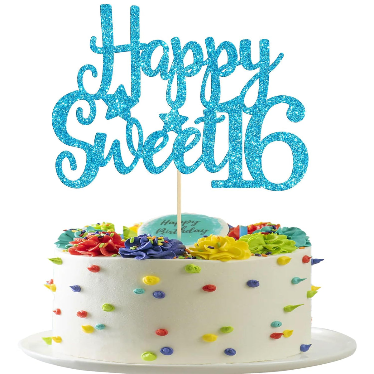 Gyufise 1Pc Happy Sweet 16 Cake Topper Glitter 16th Birthday Cake Pick for Cheers to 16 Years Old 16th Birthday Party Cake Decorations Supplies Light Blue