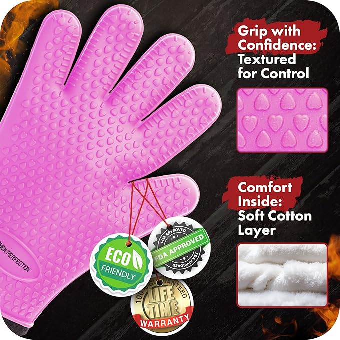 KITCHEN PERFECTION S Silicone Smoker Oven Gloves -Extreme Heat Resistant BBQ Gloves -Handle Hot Food Right on Your Grill Fryer Pit|Waterproof Oven Mitts |Superior Value Set+3 Bonuses